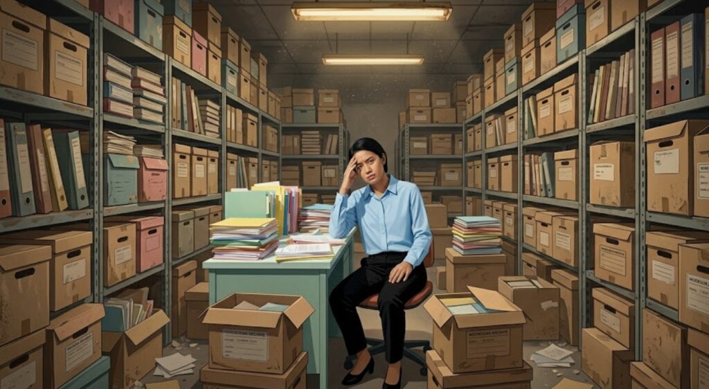buatkan gambar mengenai pegawai yang pusing dengan arsip fisik banyak