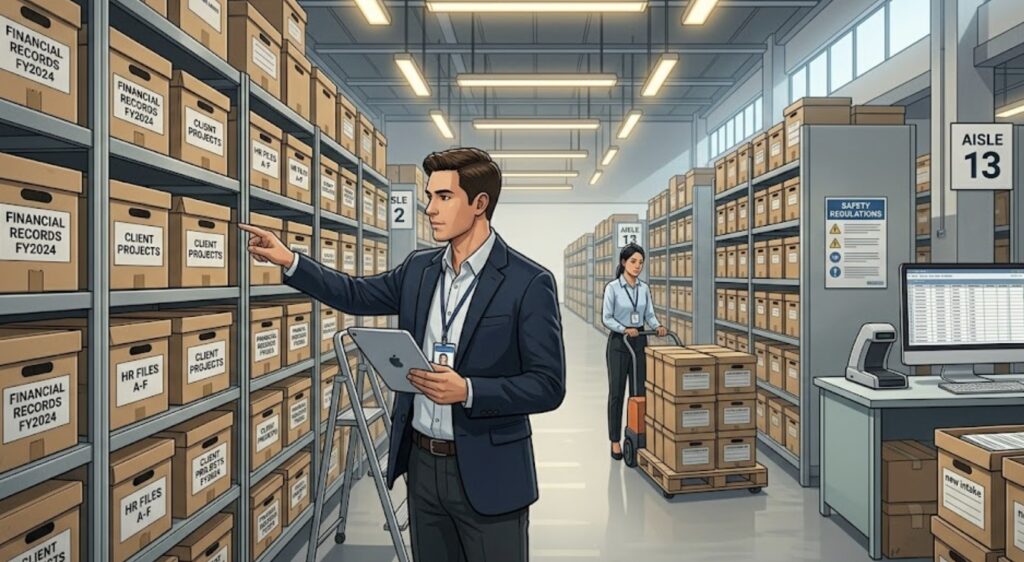 buatkan gambar mengenai pegawai yang pusing dengan arsip fisik banyak, lokasi didalam gudang arsip
