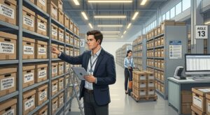 buatkan gambar mengenai pegawai yang pusing dengan arsip fisik banyak, lokasi didalam gudang arsip
